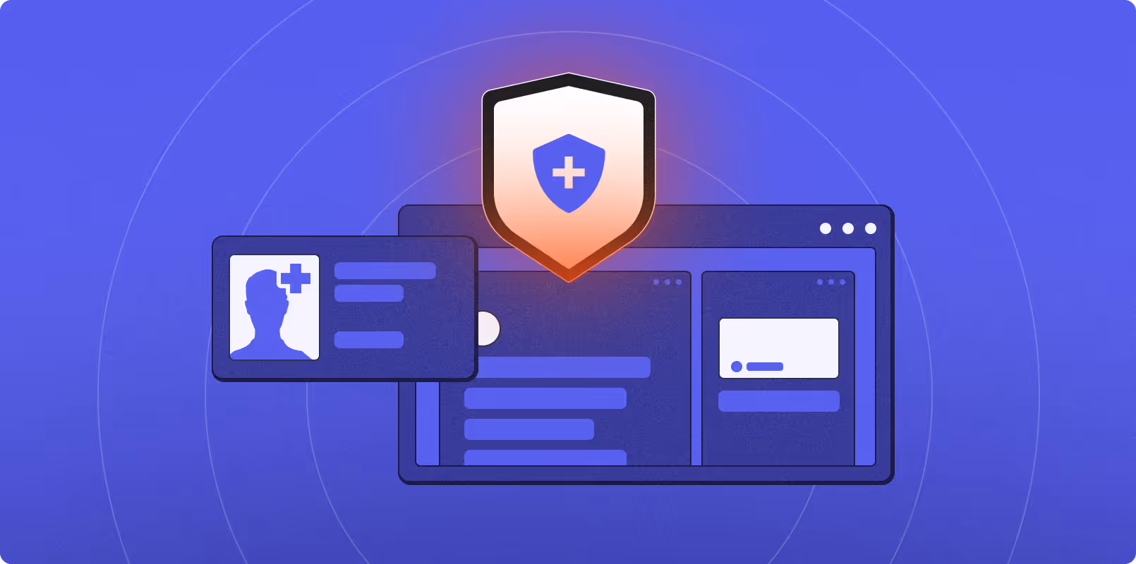 Illustration of a digital healthcare dashboard with patient profile and a shield icon with a medical cross indicating security.