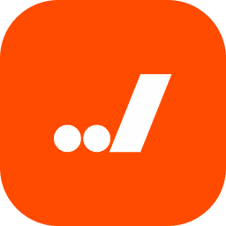 White stylized dot and diagonal line symbol on orange rounded square background.