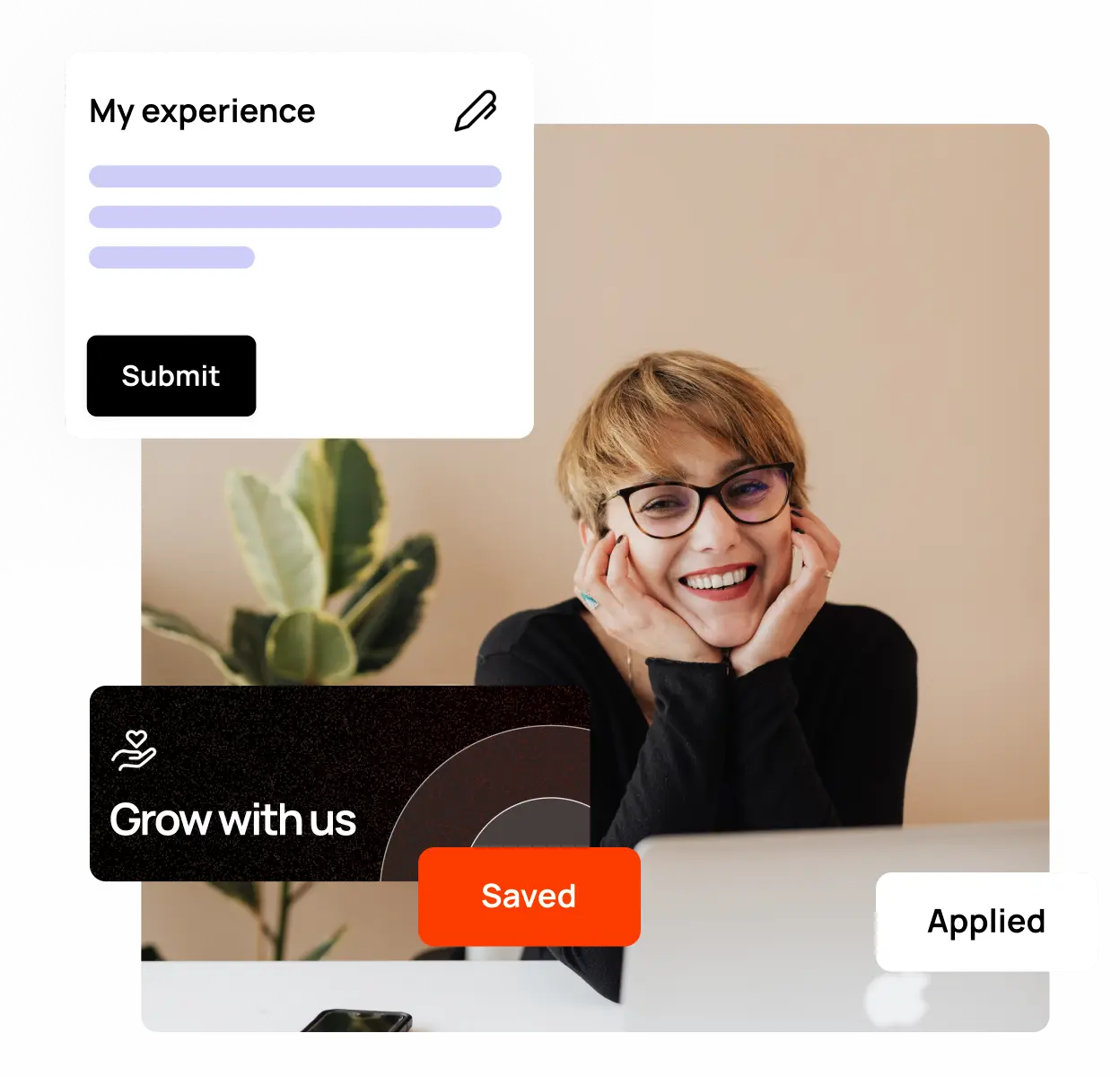 Smiling woman with short blond hair and glasses sitting at a desk with a laptop, with overlaid graphics showing 'My experience' form, 'Grow with us' message, and buttons labeled 'Saved' and 'Applied'.