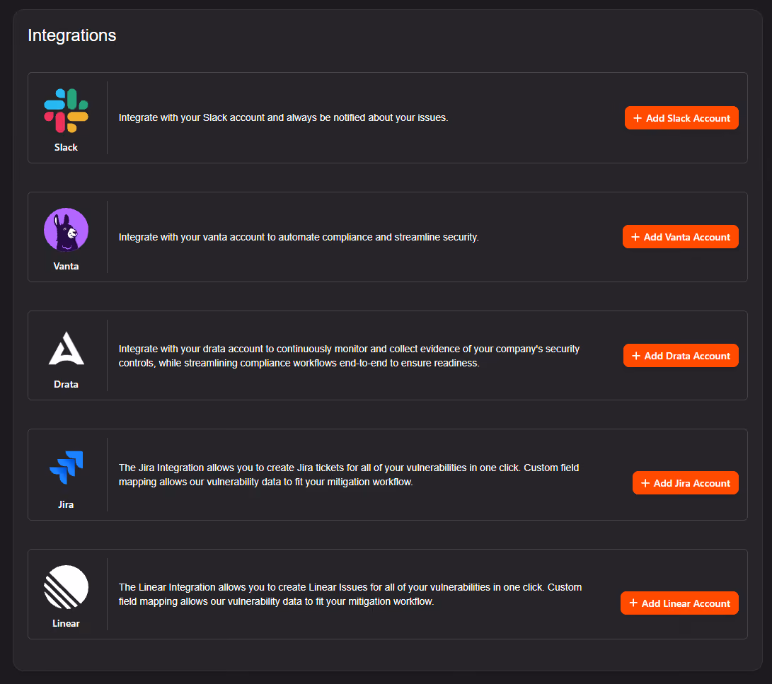 Software Secured platform integrations with Slack, Jira, Vanta, Drata, and Linear