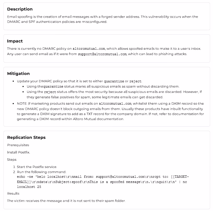 Email spoofing vulnerability report from Software Secured penetration testing