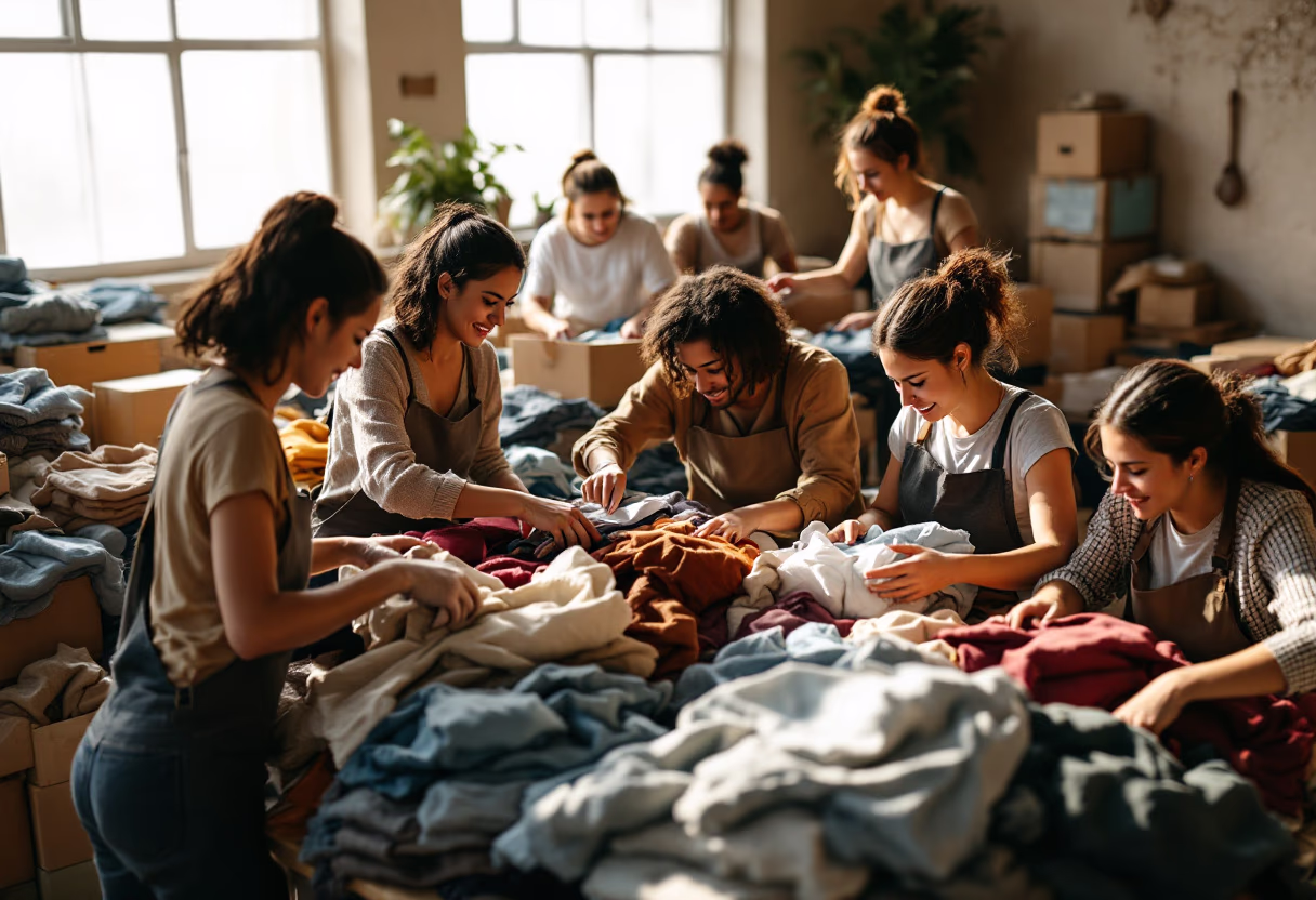 image of volunteers sorting clothes at a donation center for a humanitarian aid nonprofit