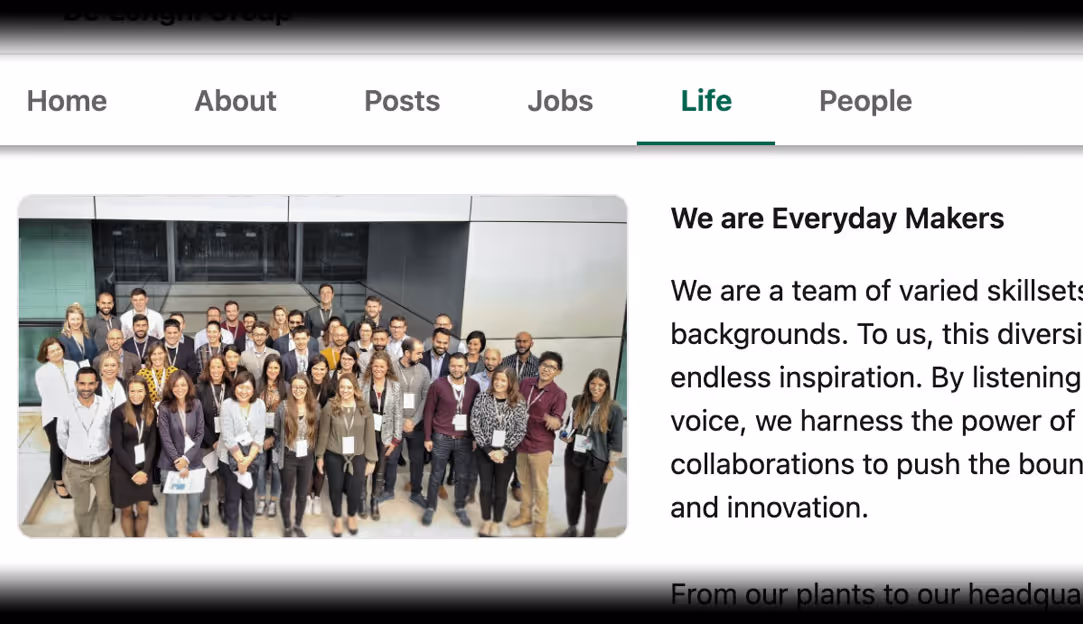 Life section of De'Longhi Group's LinkedIn page, written by Mariasilvia Santi