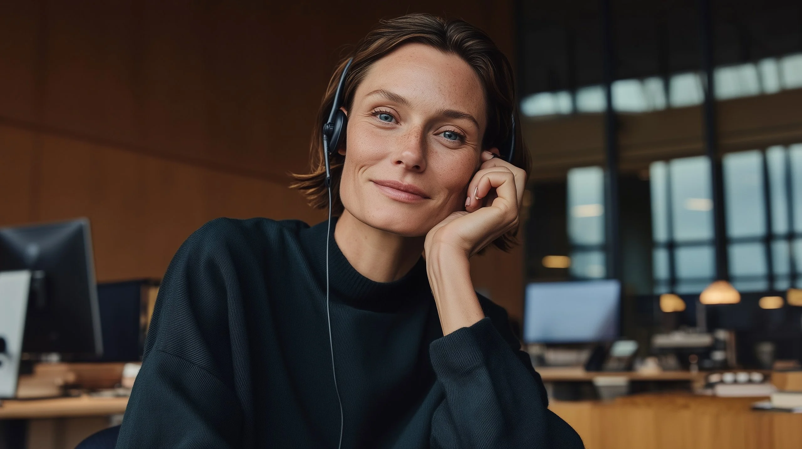 Lächelnde Frau mit kurzen Haaren, die ein Headset und einen schwarzen Pullover trägt, in einem modernen Büroumfeld.