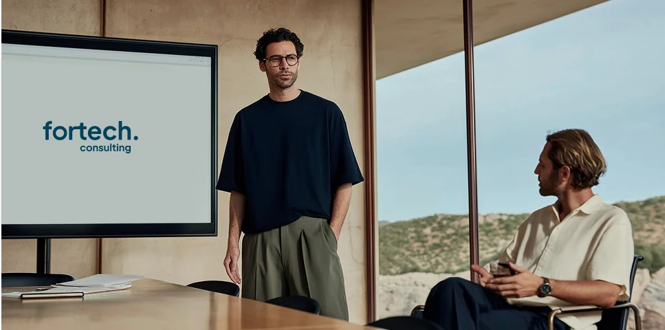 Berater präsentiert passende IT-Positionen in Meetingraum mit ForTech Consulting Logo – Symbolbild für gezieltes Job-Matching und exklusive Vakanzen.