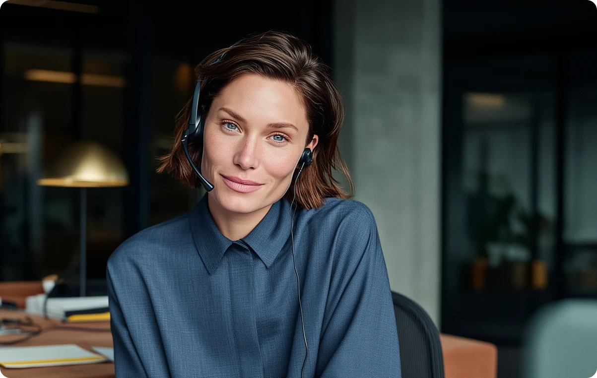 Lächelnde Frau mit Headset im Büro, trägt ein blaues Hemd und schaut in die Kamera.