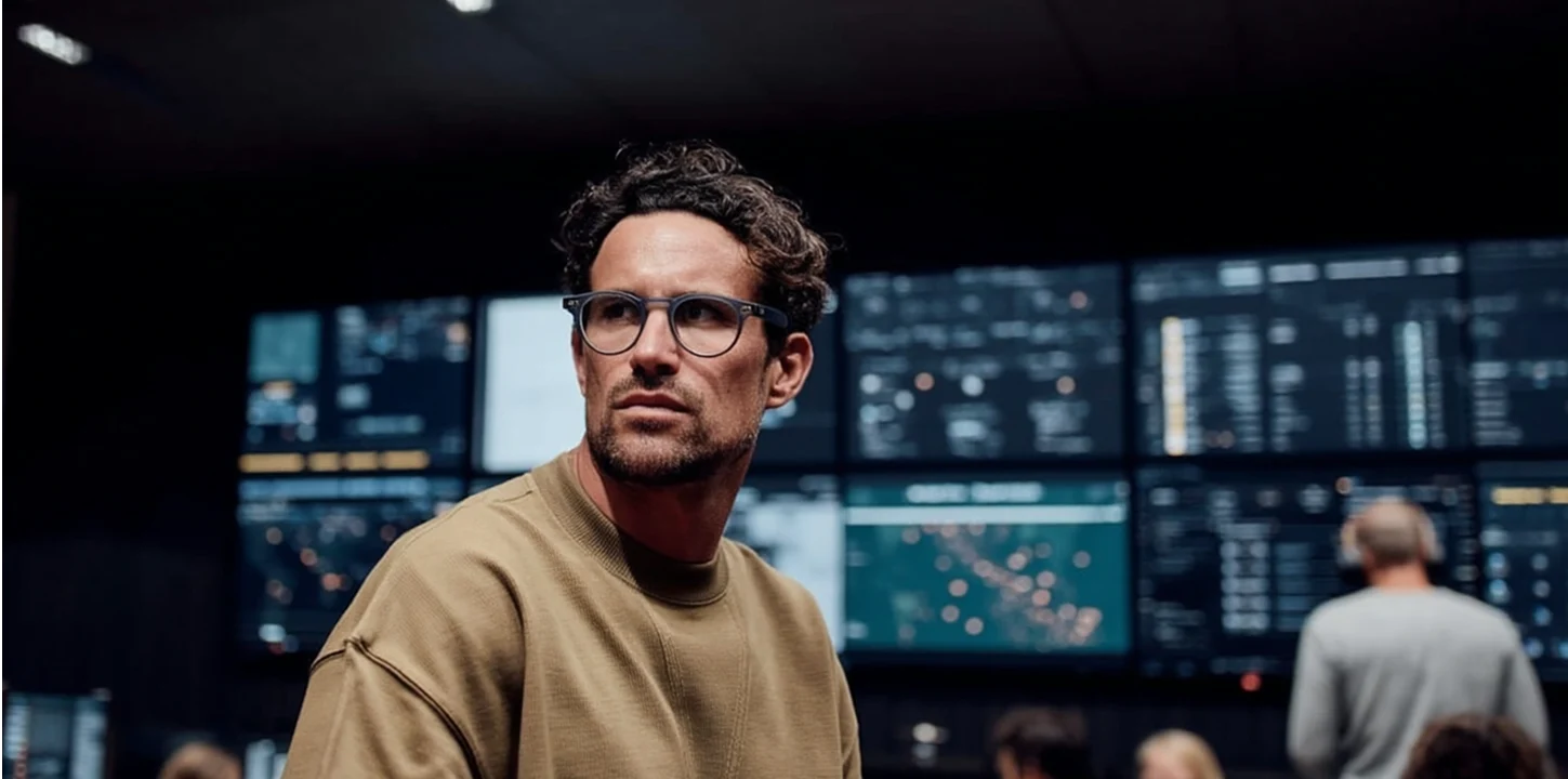 Mann mit Brille und lockigem Haar in einem braunen Pullover blickt in einem dunklen Kontrollraum mit digitalen Bildschirmen und Menschen im Hintergrund zur Seite.