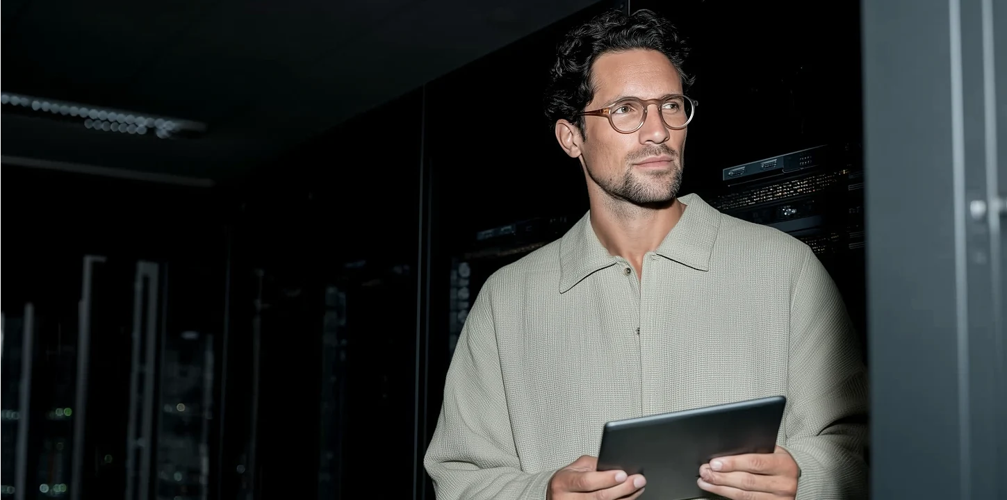 Mann mit Brille hält ein Tablet in einem dunklen Serverraum.