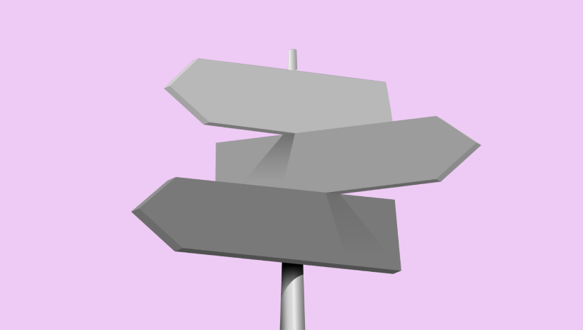Three blank gray directional signboards on a pole against a light purple background.
