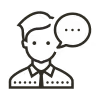 Symbol einer Person mit kurzen Haaren und einer Sprechblase mit drei Punkten, die eine Unterhaltung oder Kommunikation andeuten.