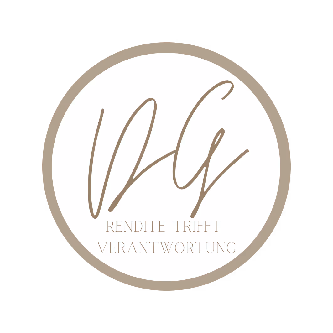 Rundes Logo mit braunem Rand und stilisierten Initialen ‚VR‘ in der Mitte, darunter der Text ‚Rendite trifft Verantwortung‘.