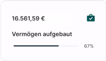 Anzeige eines Vermögens von 16.561,59 Euro mit einem Fortschrittsbalken, der 67 Prozent Vermögensaufbau zeigt.