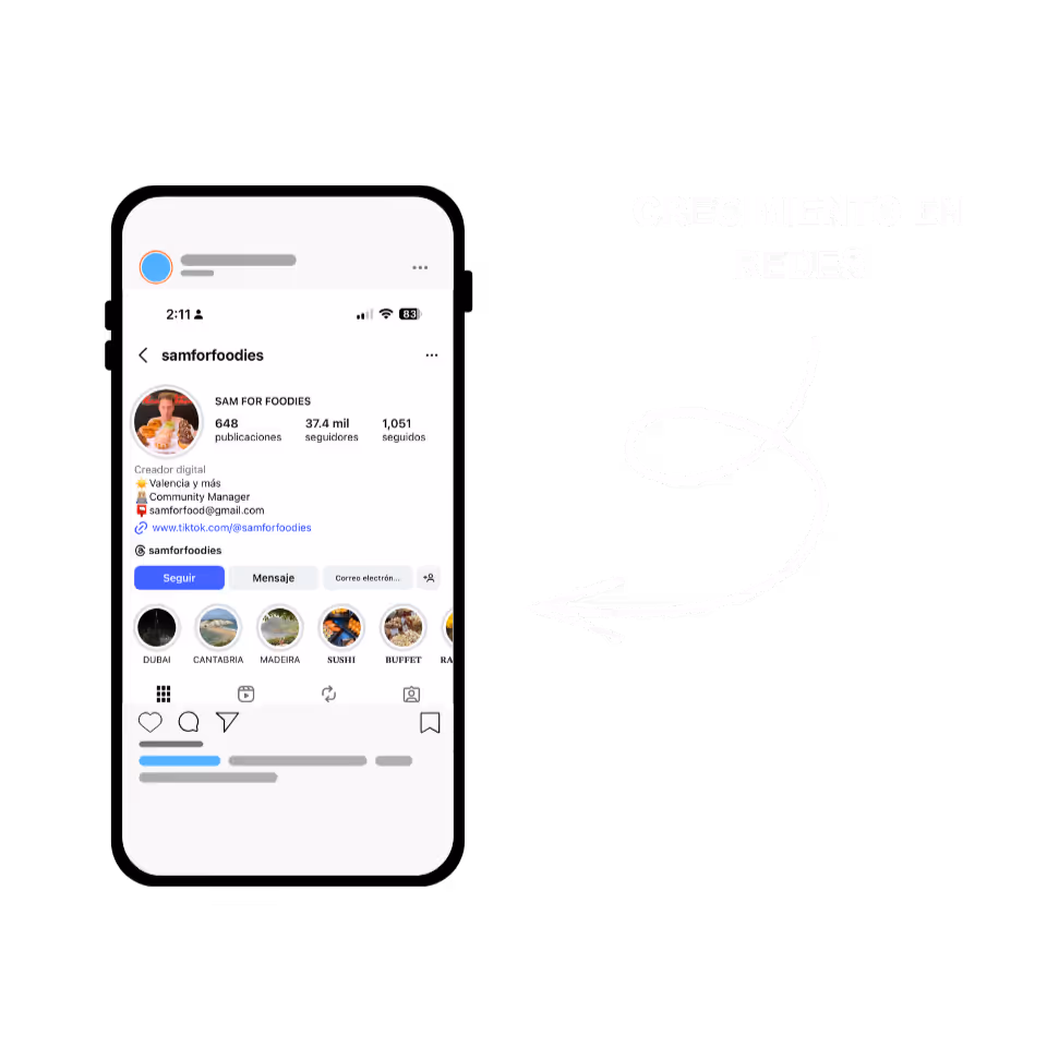 Captura de perfil de Instagram de samforfoodies con 37.4 mil seguidores y texto resaltado con flecha que dice 'CRECIMIENTO EN REDES'.