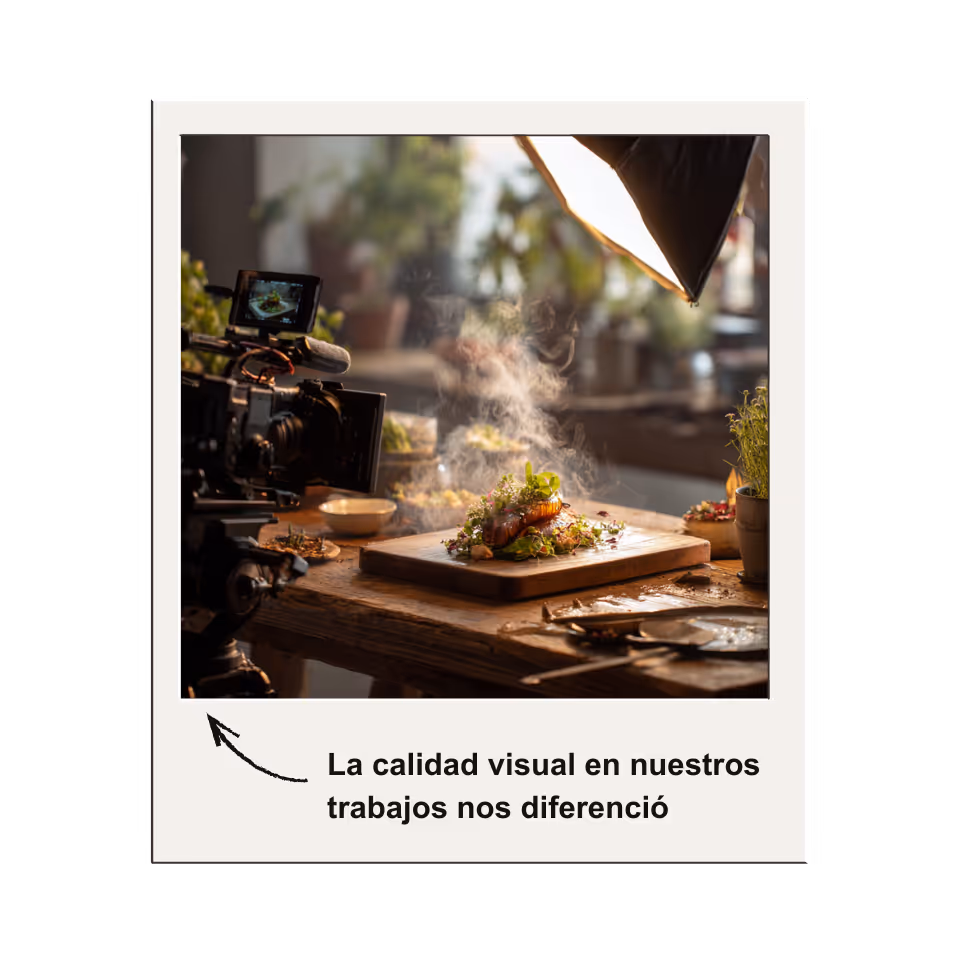 Cámara profesional grabando un plato de comida humeante en una mesa de madera, con luz de estudio y plantas al fondo.