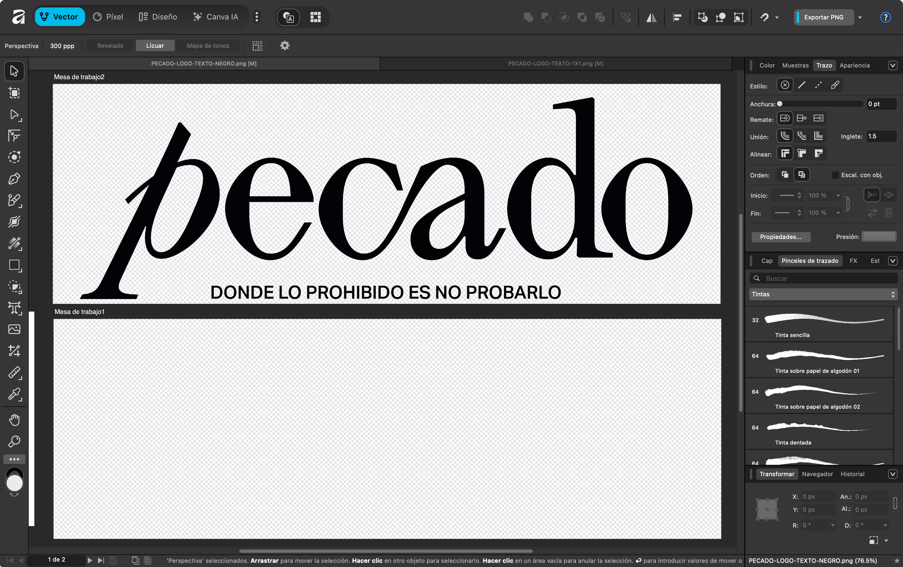 Interfaz de un programa de diseño vectorial mostrando el texto 'pecado' en letras negras con el lema 'DONDE LO PROHIBIDO ES NO PROBARLO' debajo.