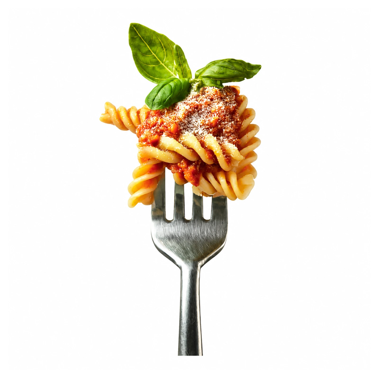Fusilli with tomato and basil on a fork