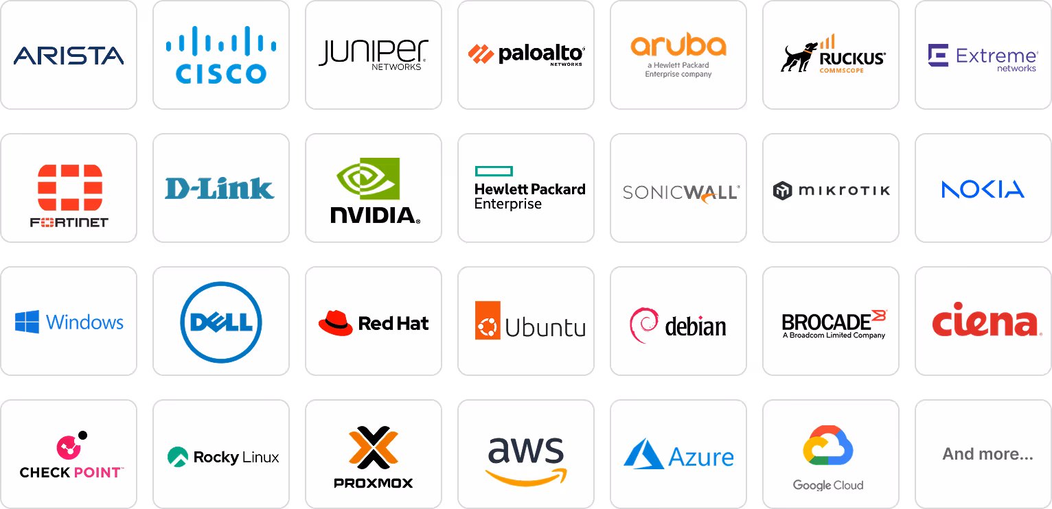 Grid of technology company logos including Arista, Cisco, Juniper Networks, Palo Alto Networks, Aruba, Ruckus, Extreme Networks, Fortinet, D-Link, NVIDIA, Hewlett Packard Enterprise, SonicWall, Mikrotik, Nokia, Windows, Dell, Red Hat, Ubuntu, Debian, Brocade, Ciena, Check Point, Rocky Linux, Proxmox, AWS, Azure, Google Cloud, and a box labeled And more.