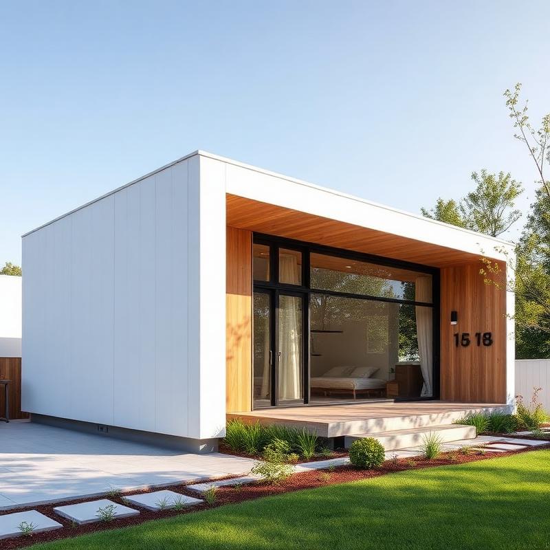 Casa moderna blanca con ventanal grande y jardín verde al frente en día soleado.