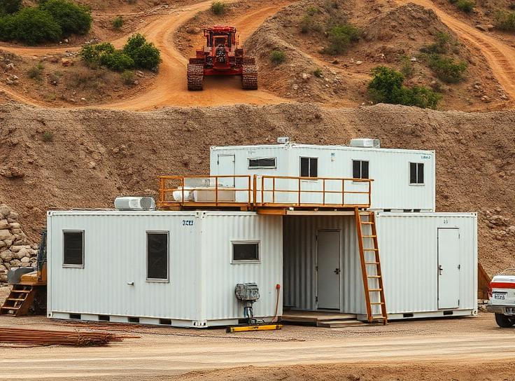 Modular white portable office containers stacked with ladder and industrial vehicle on dirt hill behind