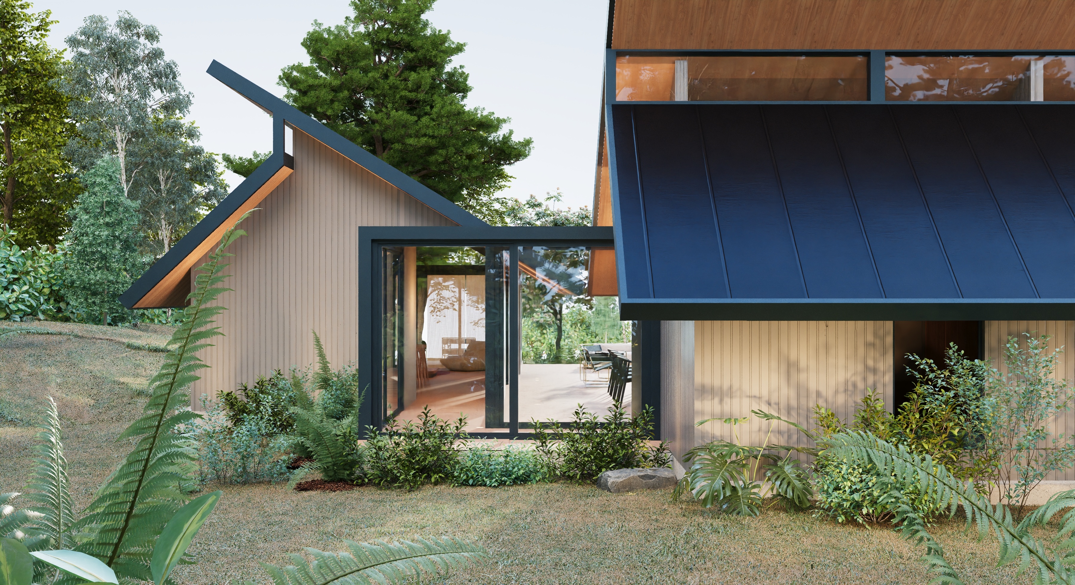 Casa moderna con techo azul y ventana grande rodeada de plantas y árboles verdes.