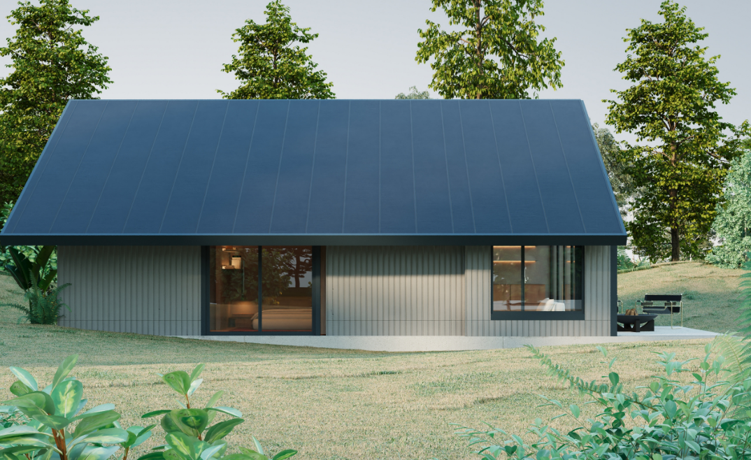 Casa moderna con techo negro inclinado y paredes grises, rodeada de césped y árboles verdes.
