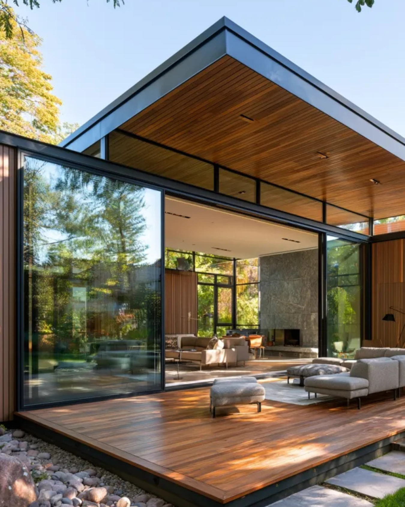 Casa moderna con terraza de madera y paredes de cristal que muestran un salón acogedor con chimenea.