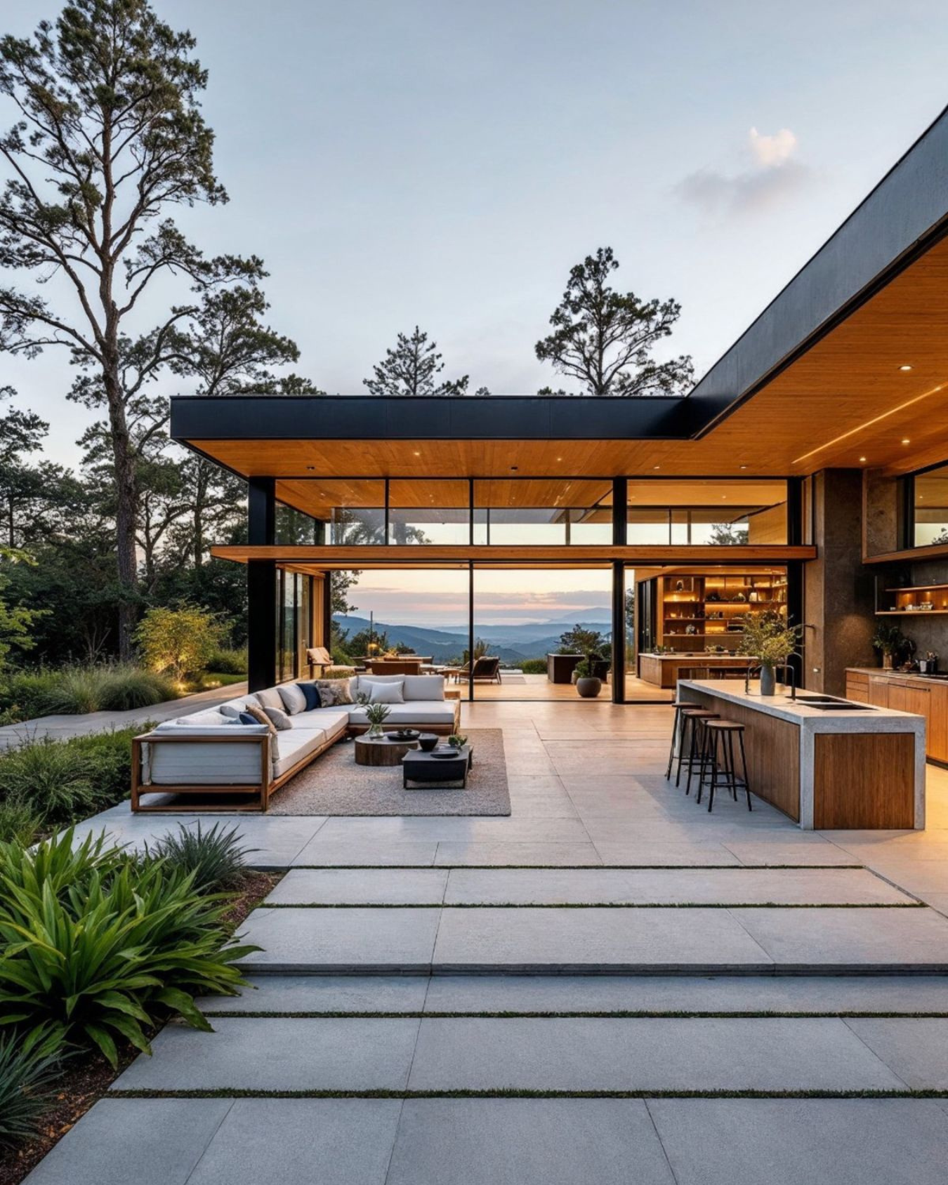 Casa moderna con amplias ventanas, sala exterior, cocina abierta y vista montañosa al atardecer.