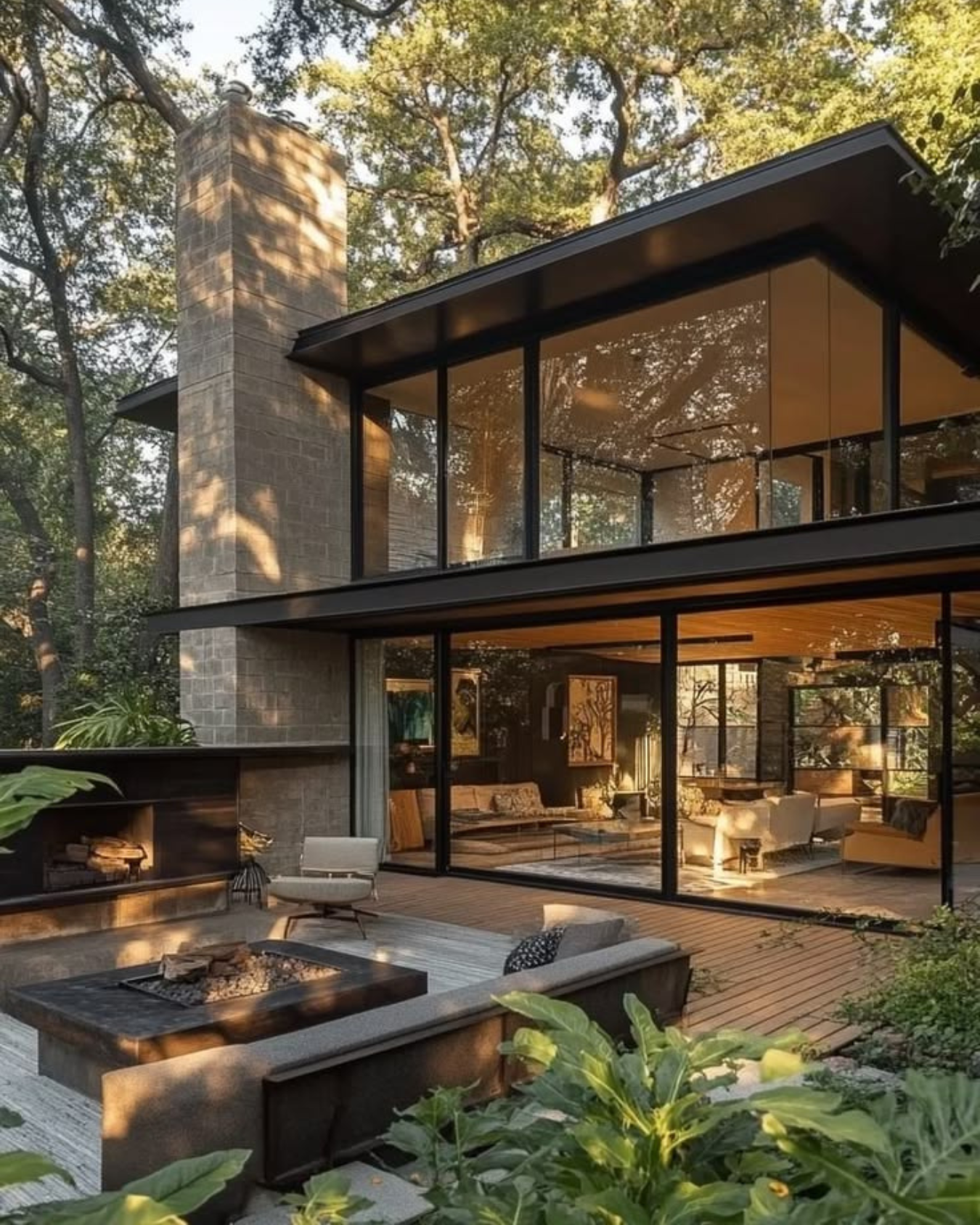 Casa moderna de dos pisos con grandes ventanales, jardín y área de fogata exterior.