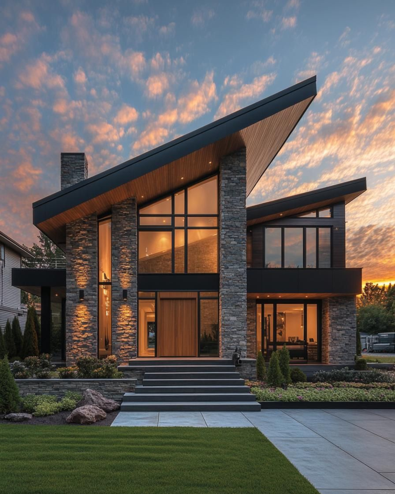 Casa pequeña con fachada marrón y interior con cama, lámpara, y baño con ventana.