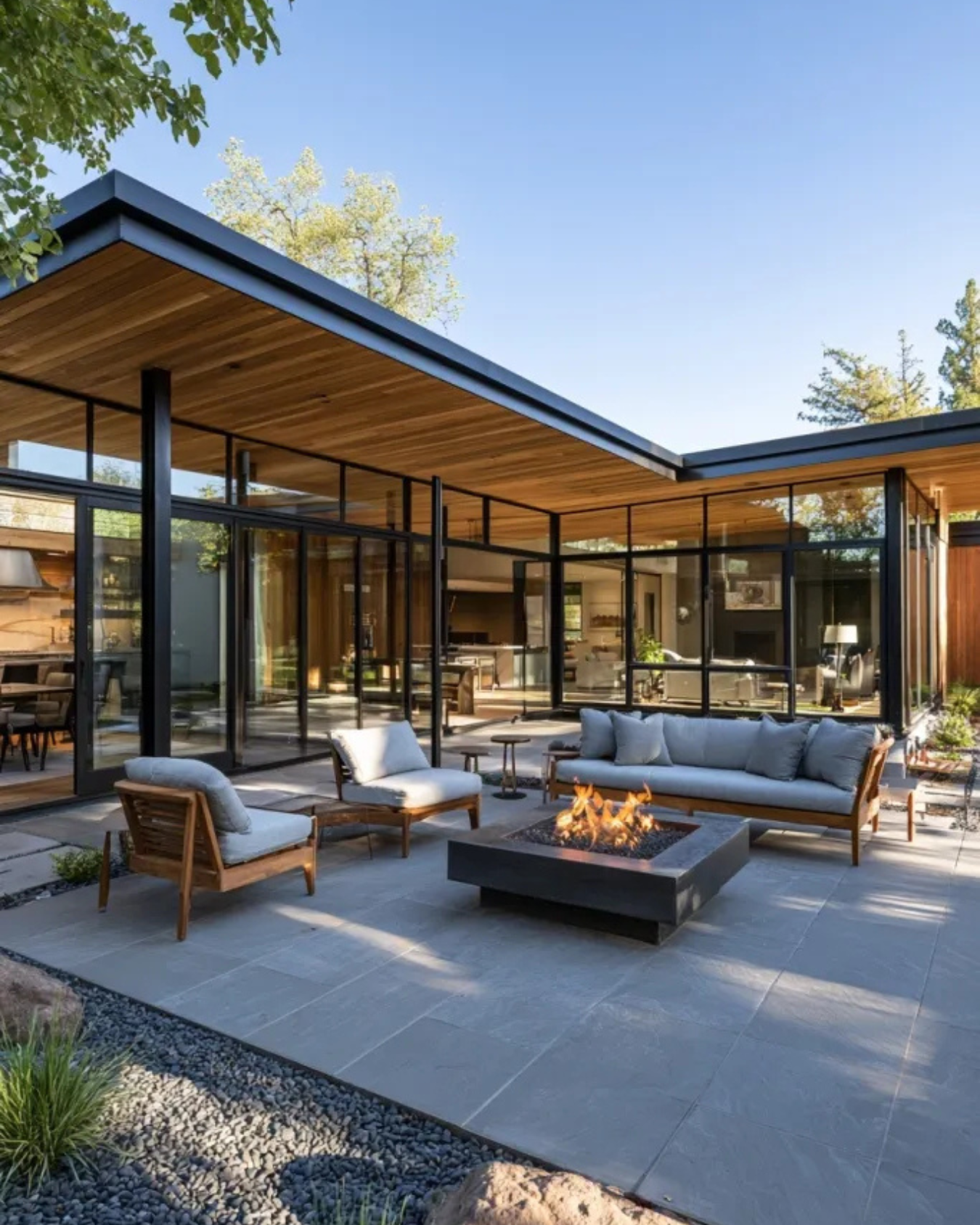 Jacuzzi en una terraza de madera con techo con tragaluz, rodeada de naturaleza y casa de madera.
