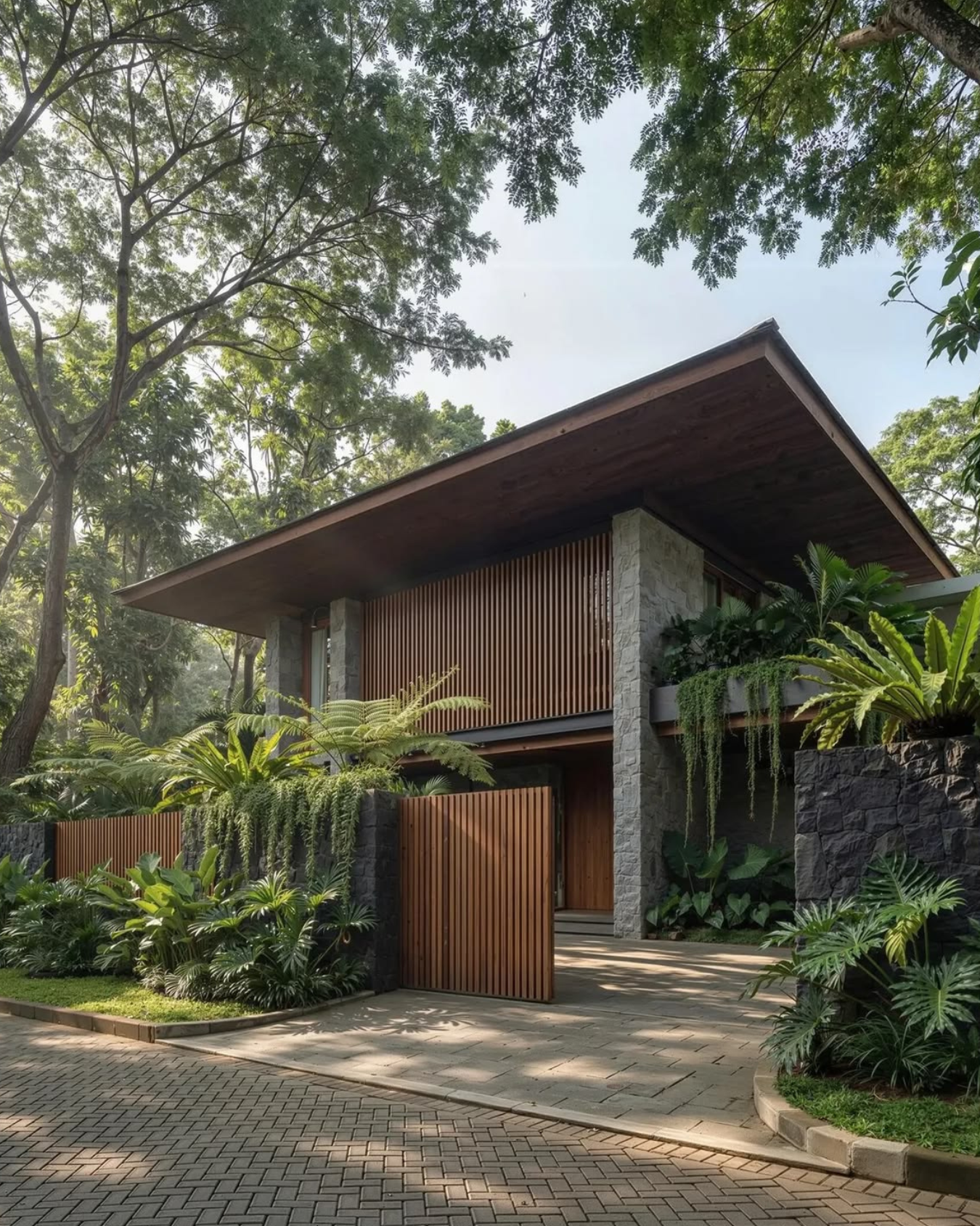 Casa moderna con fachada de piedra y madera, rodeada de árboles y plantas verdes.
