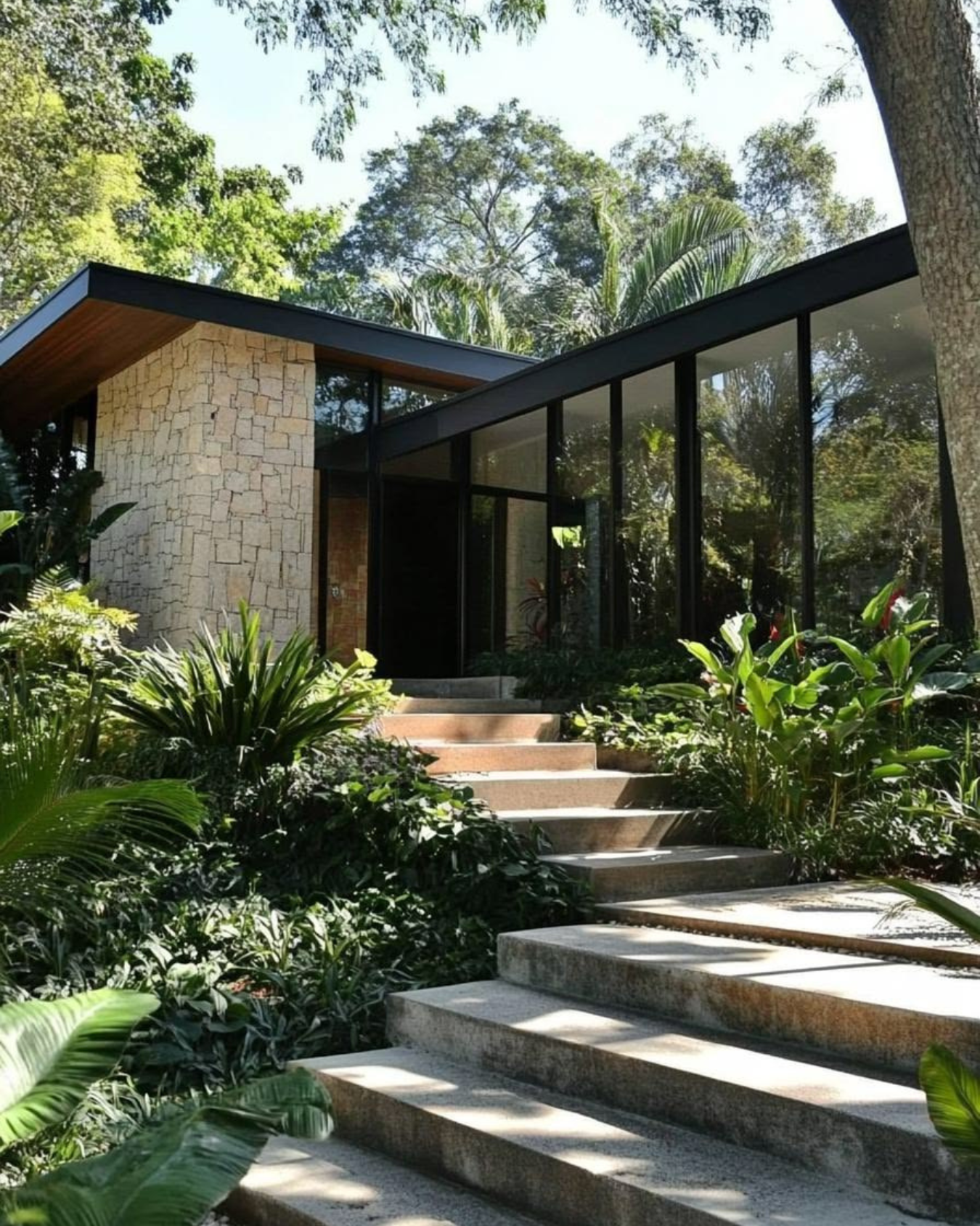 Casa moderna con paredes de piedra y grandes ventanales rodeada de vegetación y árboles.