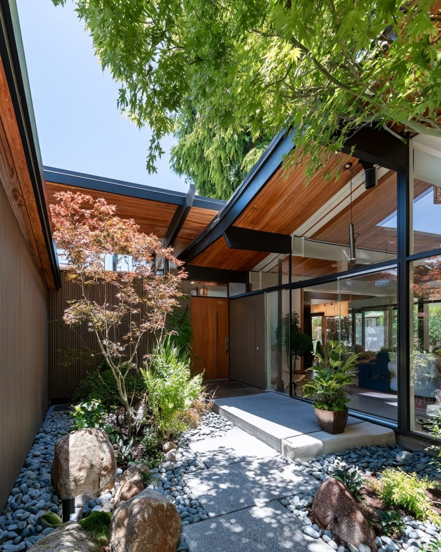 Entrada de casa moderna con paredes de vidrio, techo de madera y un jardín con piedras y plantas.