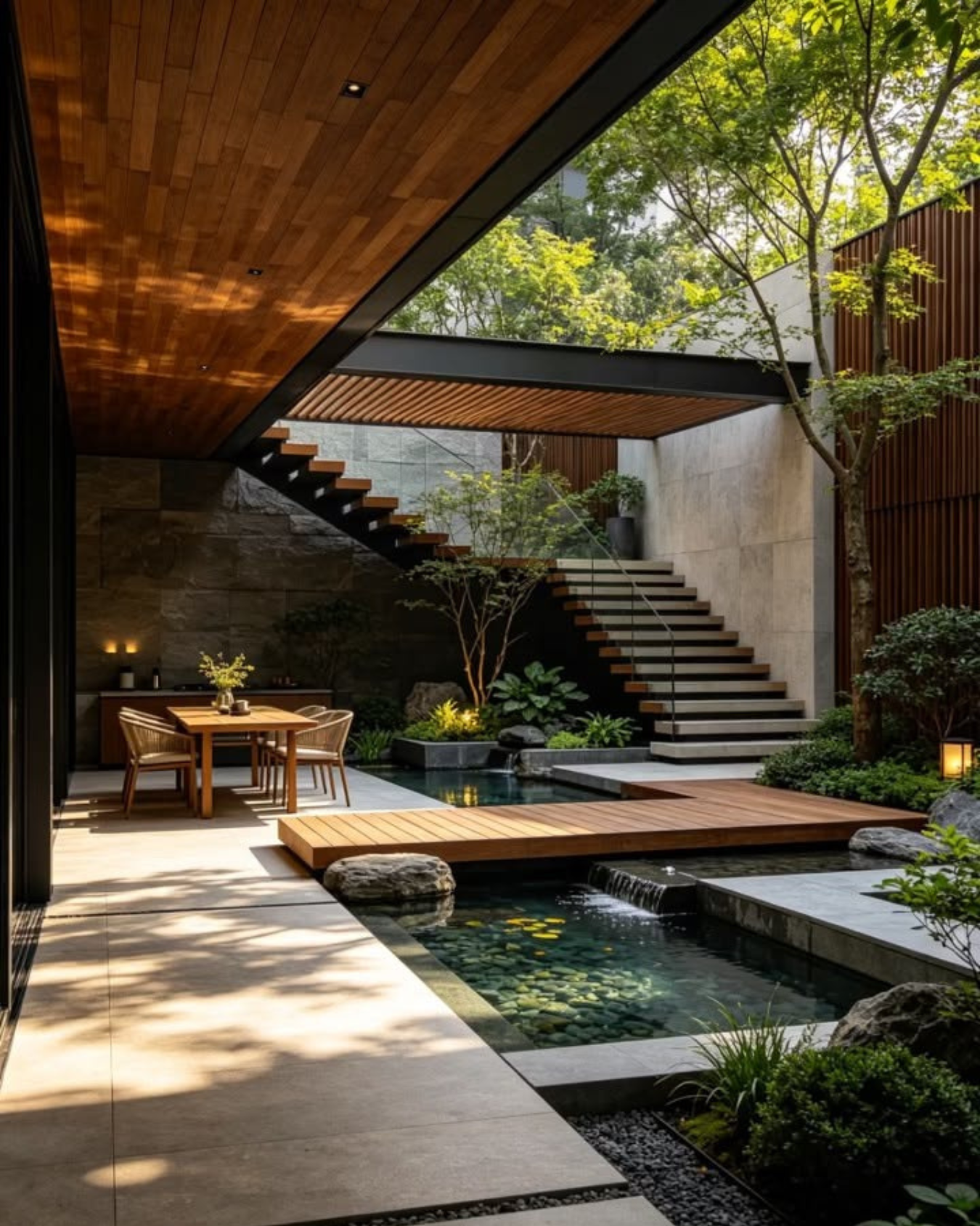 Patio moderno con piscina, puente de madera, escalera flotante y muebles de comedor bajo techo de madera.