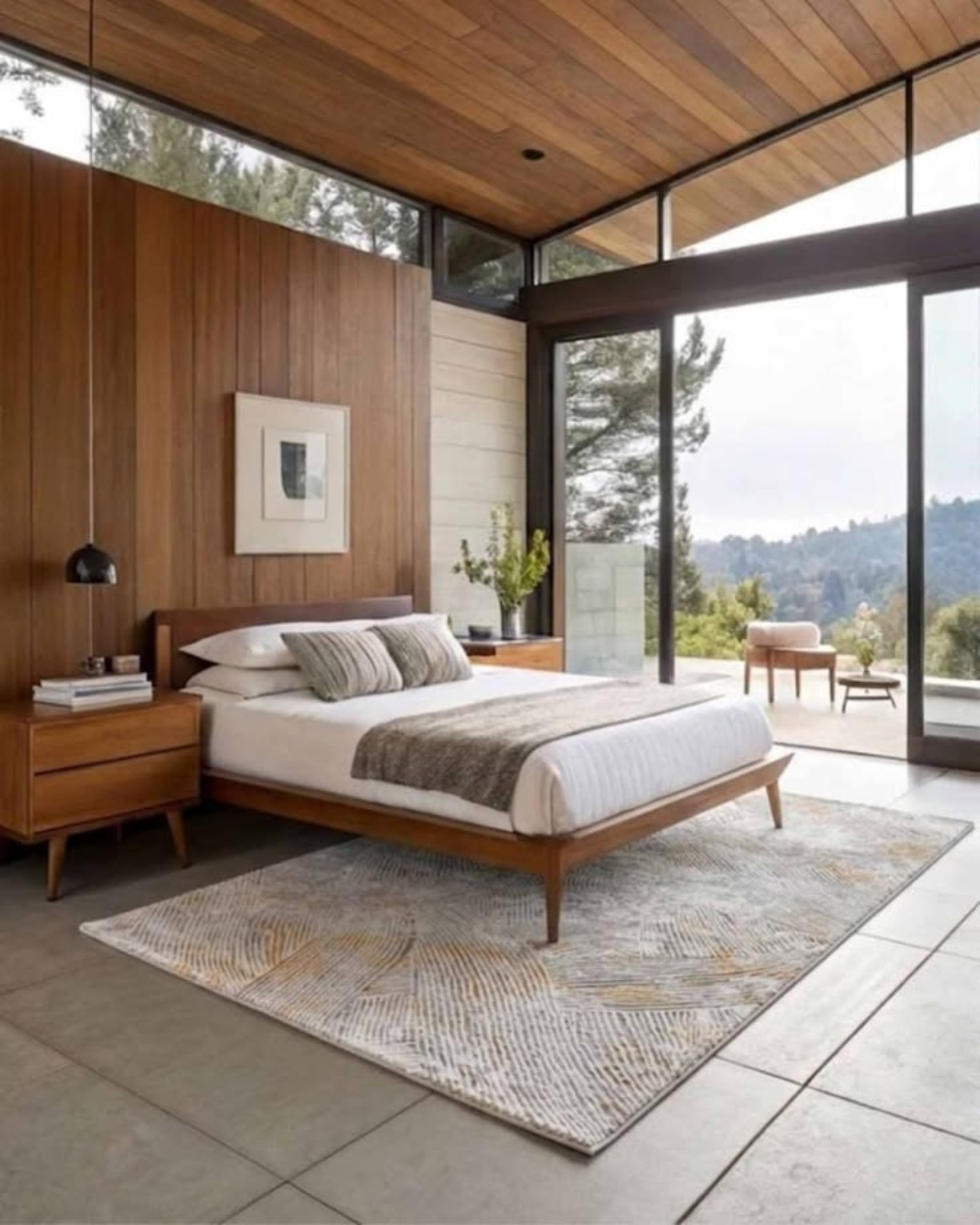 Dormitorio moderno con cama de madera, ventanales grandes y vista a un paisaje montañoso verde.