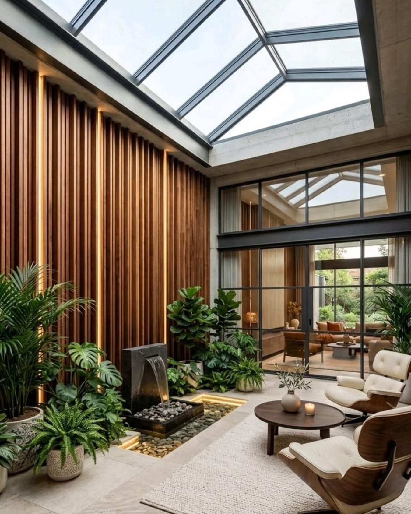 Sala elegante con jardín interior, fuente de agua, plantas, silla y mesa de madera con vela.