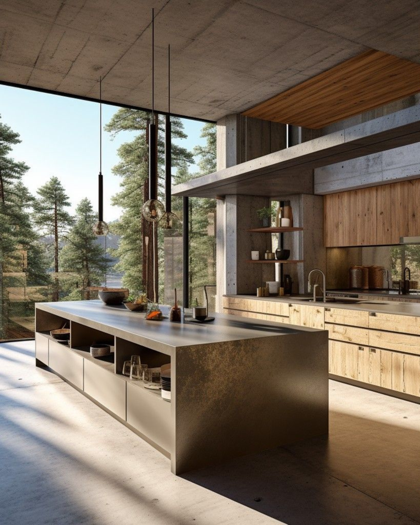 Cocina moderna con isla central y vista panorámica de árboles a través de ventanas grandes.