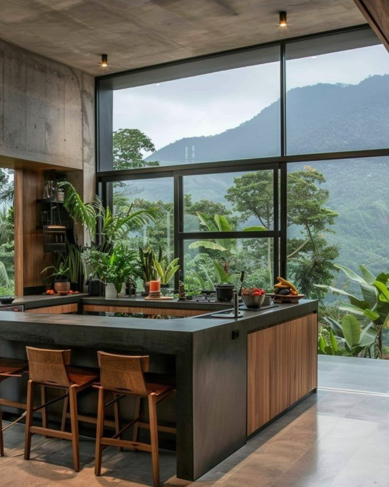 Cocina moderna con barra, plantas interiores y gran ventana con vista a montaña y vegetación verde.