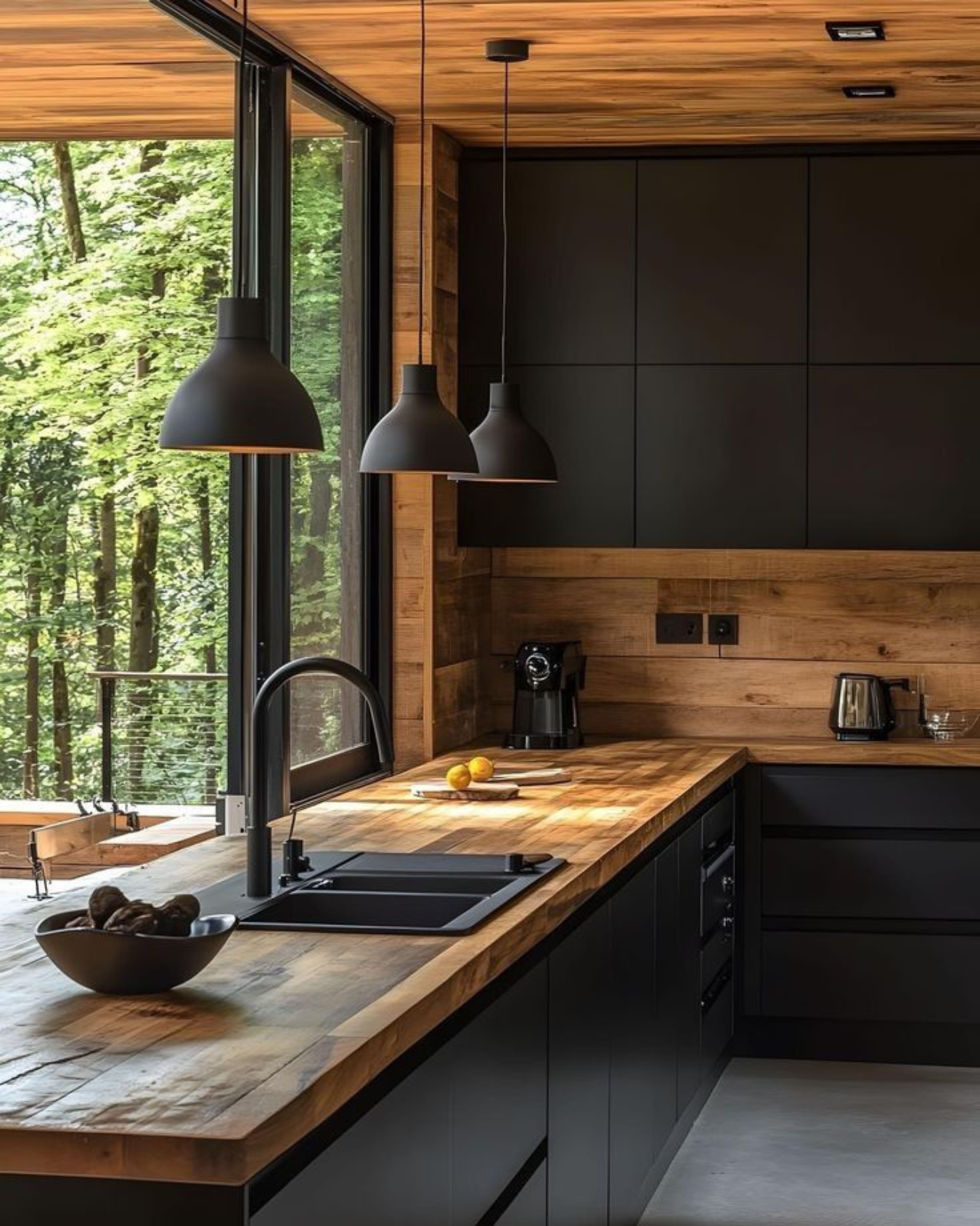 Cocina moderna con encimeras de madera, lámparas negras colgantes y ventana grande hacia árboles verdes.