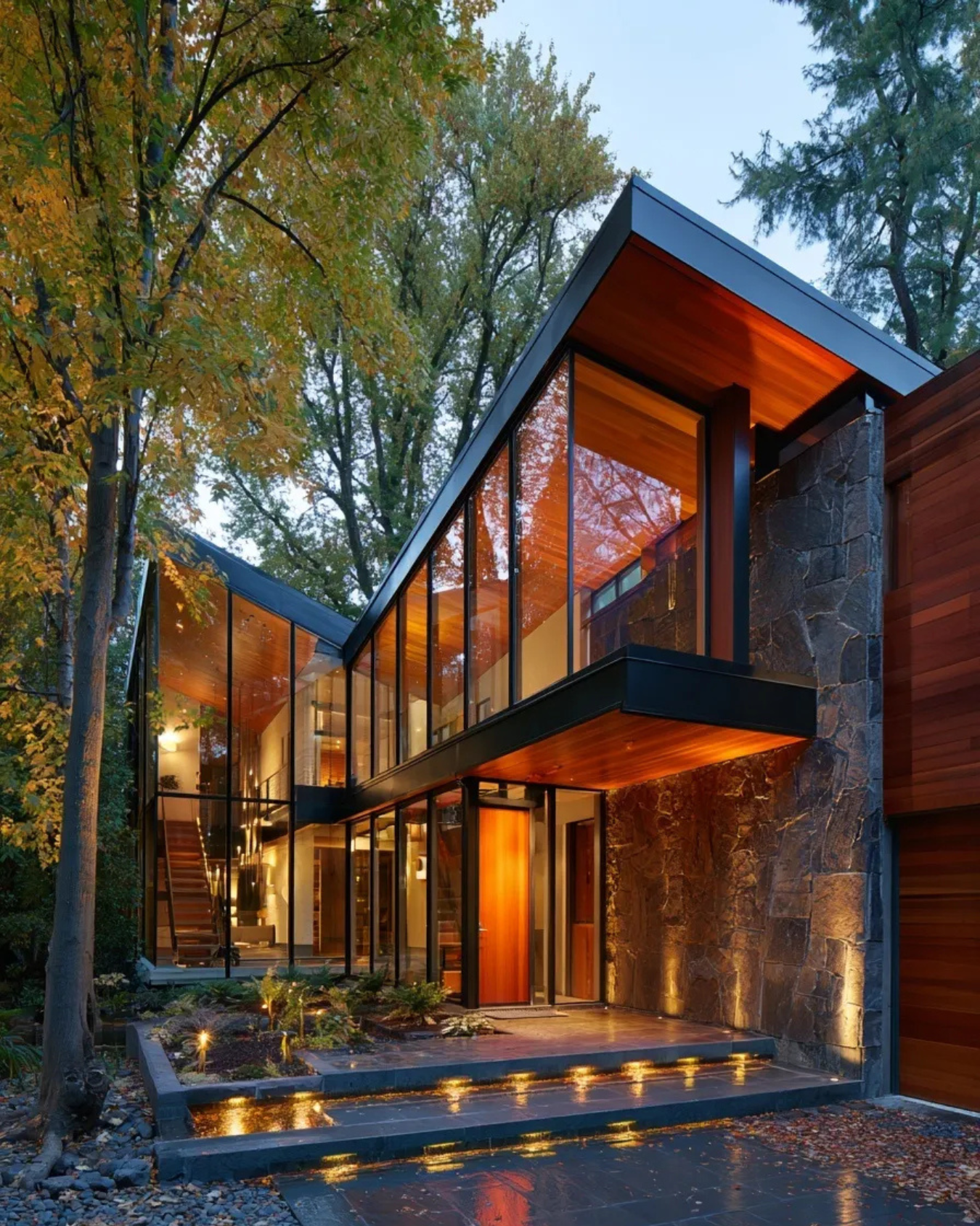 Casa moderna con fachada de vidrio, iluminación cálida, piedra y madera rodeada de árboles otoñales.