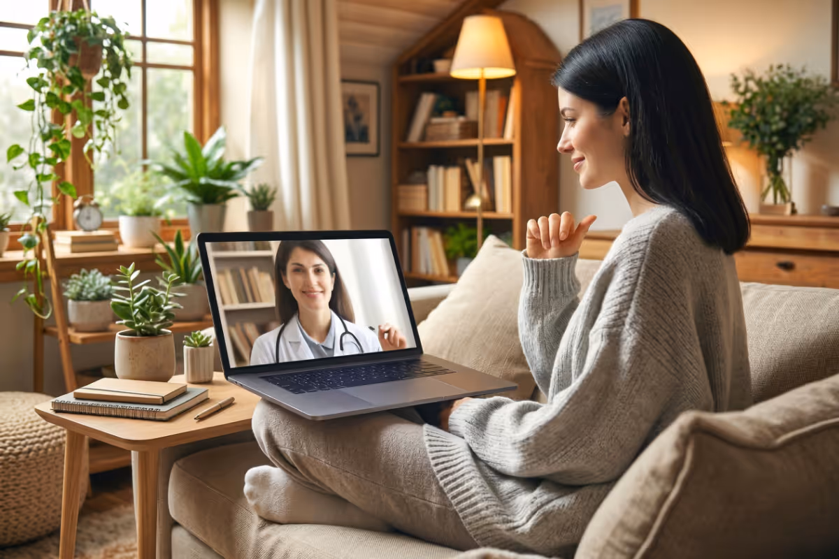 Telehealth consultation with patient talking to doctor via video call from home