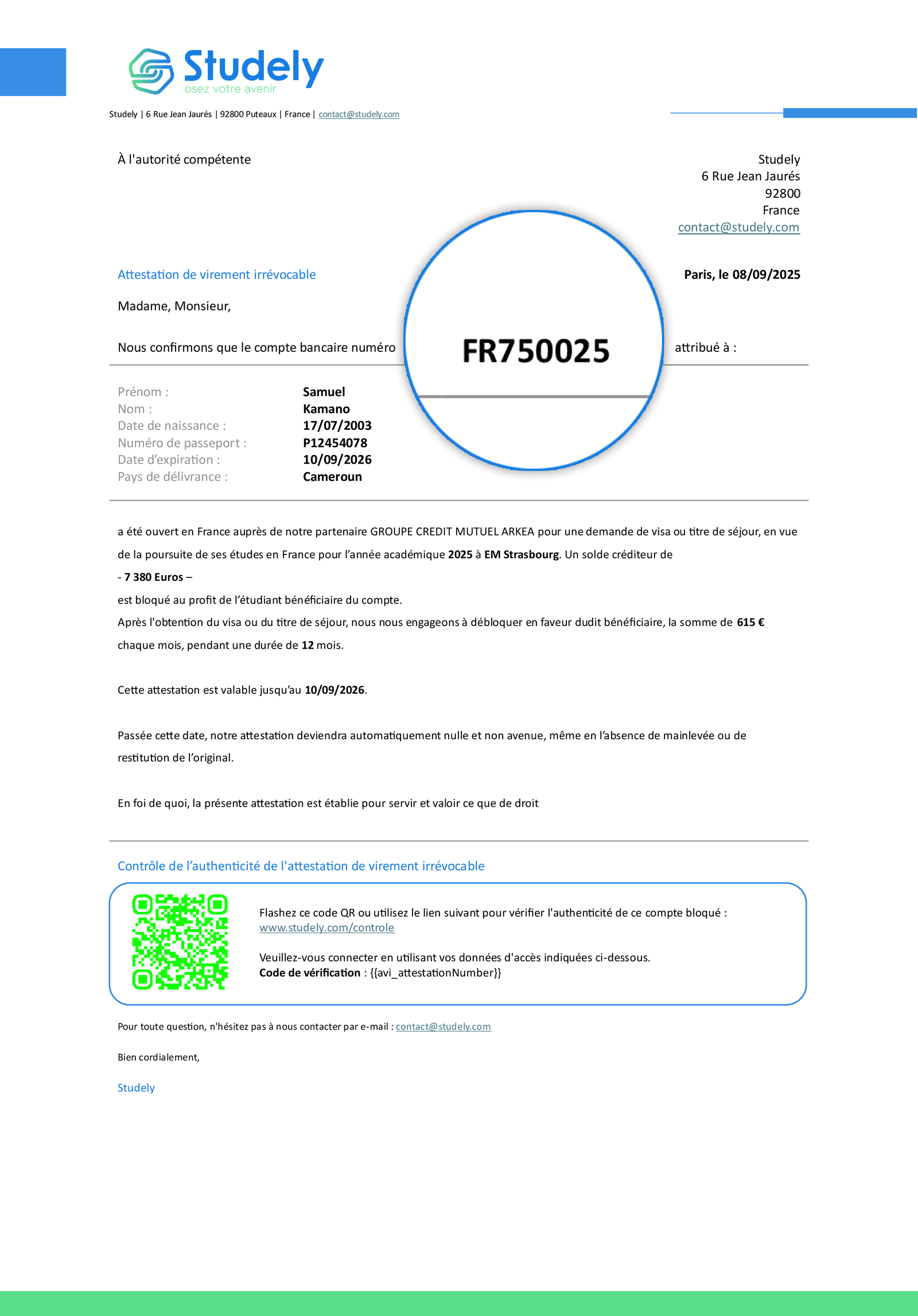 Exemple d'attestation indiquant l'emplacement du numéro AVI