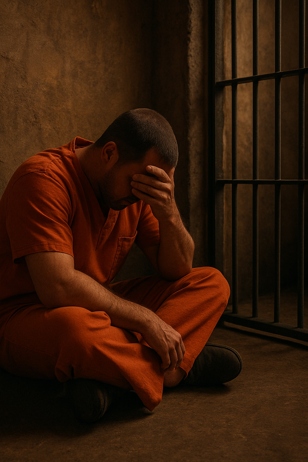 Man in orange prison uniform sitting on the floor with head in hand next to barred jail cell.