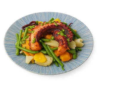 Poulpe grillé avec légumes de saison, plat signature du Café Blanc