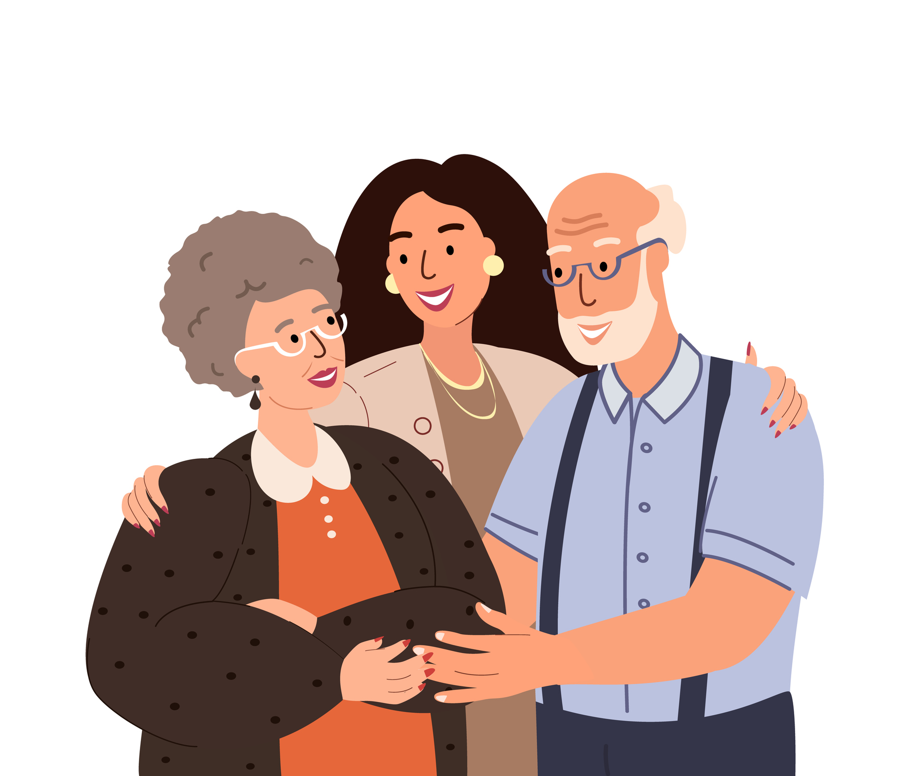 Adult daughter hugging elderly parents.