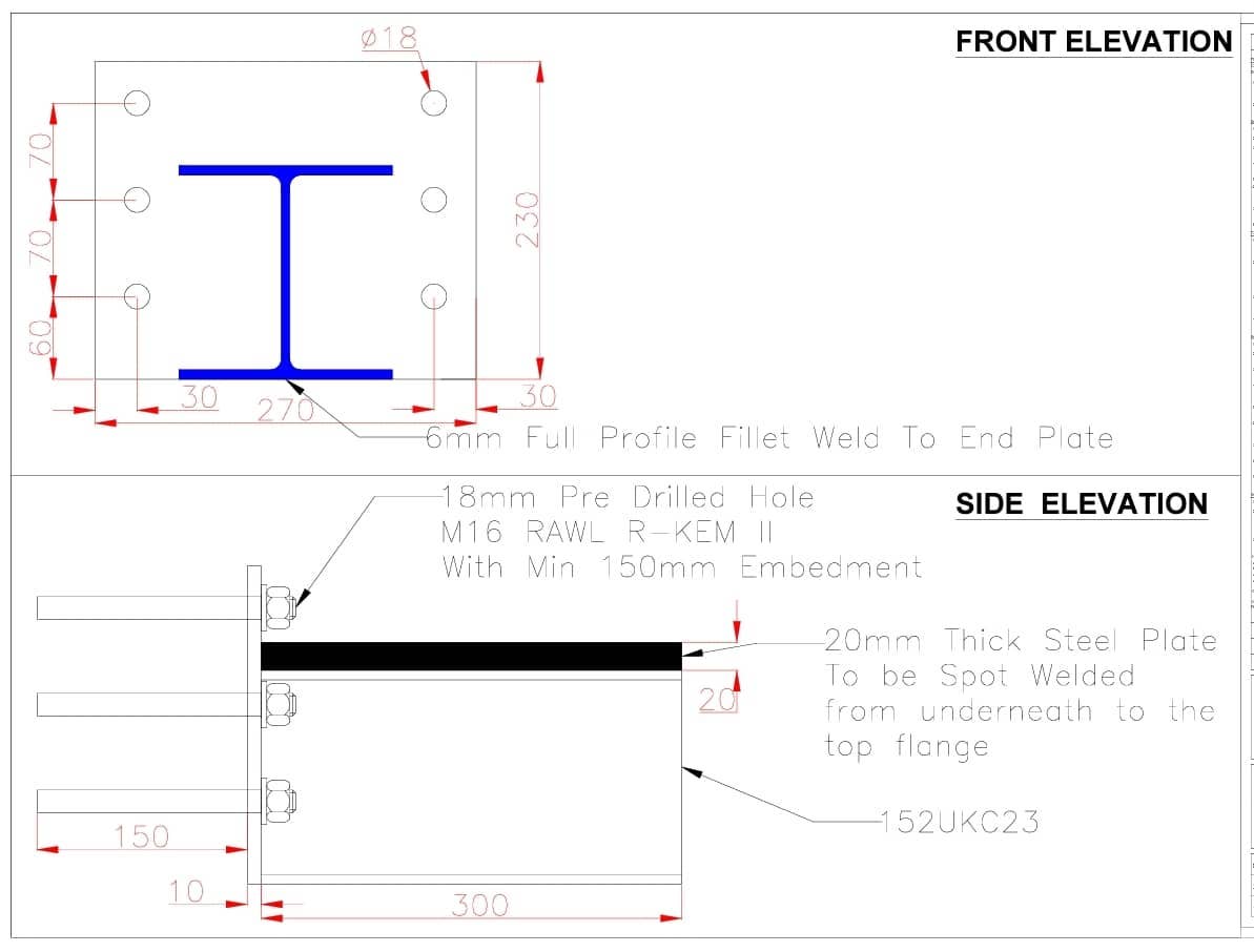 Technical drawing showing front and side elevation of a steel beam with dimensions and welding instructions.