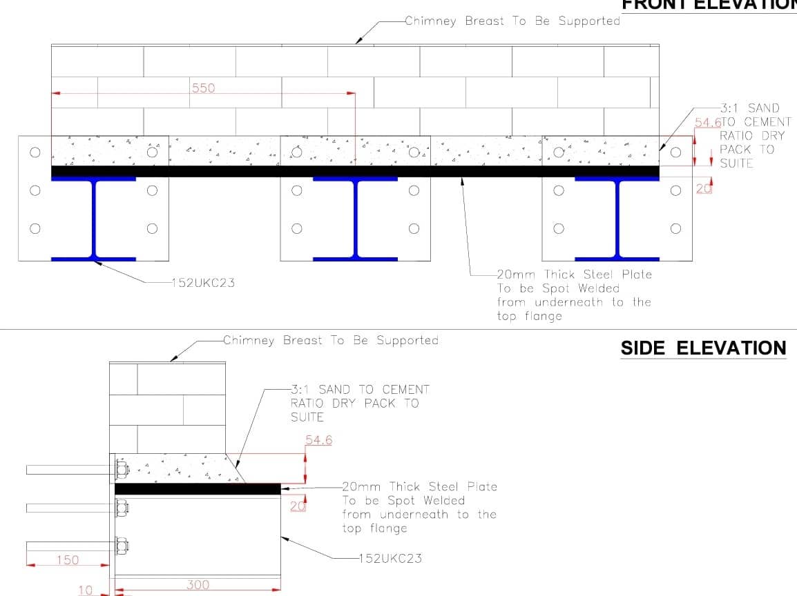 Technical drawing showing front and side elevations of a steel support beam system with chimney breast, steel plates, and construction dimensions.