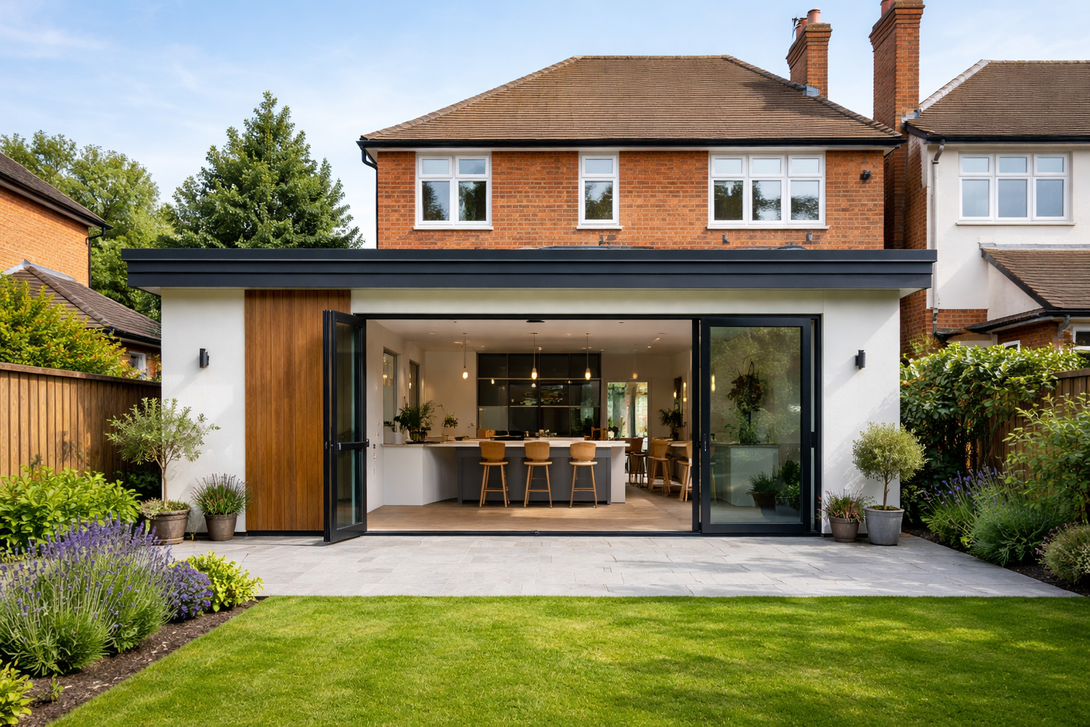 Modern home extension with large glass folding doors opening to a kitchen with island and bar stools, overlooking a green lawn and garden.