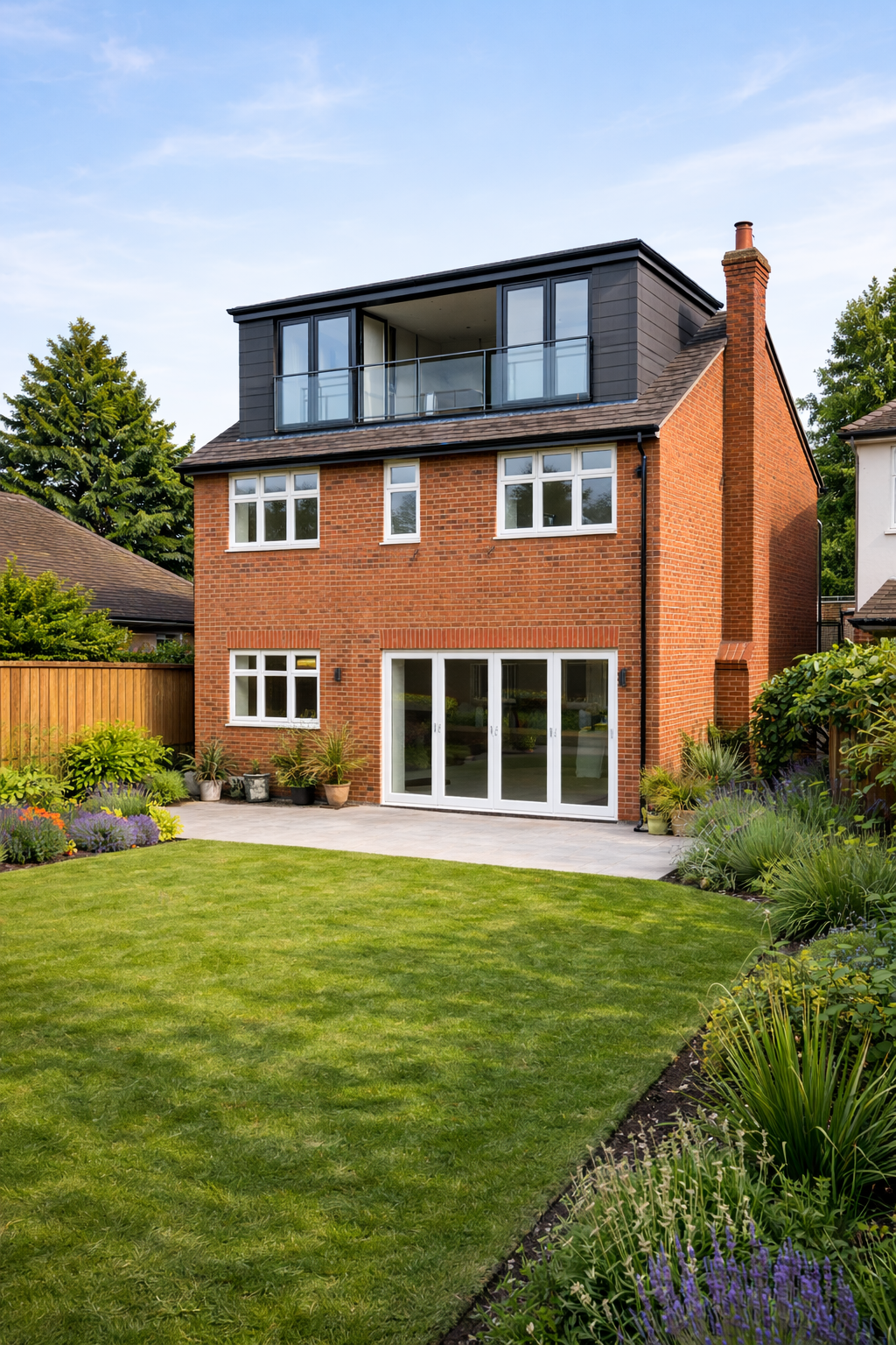 Modern two-story brick house with a loft conversion, glass balcony, large lawn, and surrounding garden.