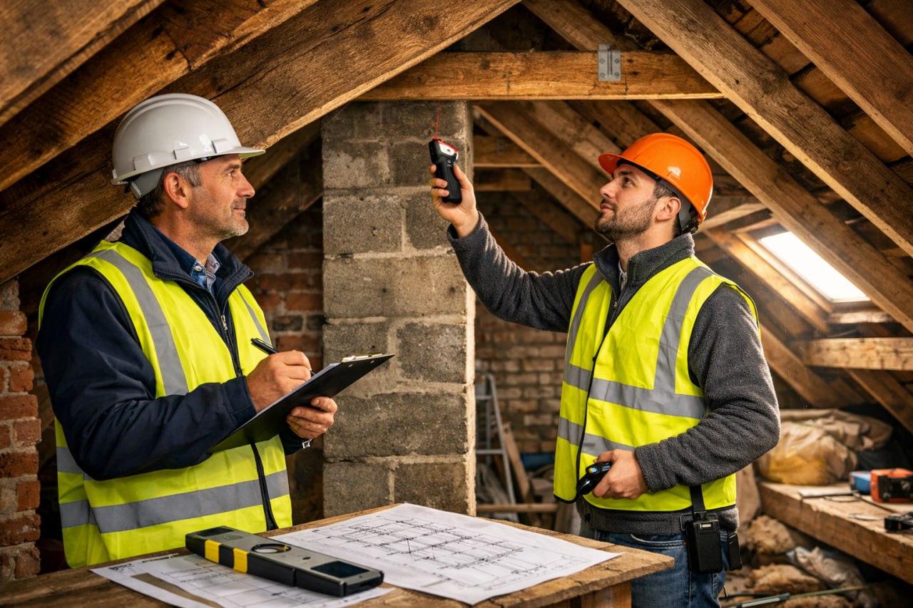 Two construction workers in safety vests and helmets inspecting a wooden attic with blueprints and tools on a table.